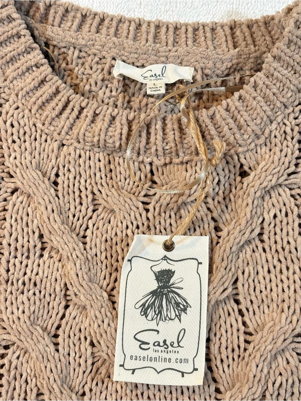 easel Open-Knit Cable Crewneck Sweater in Taupe Beige